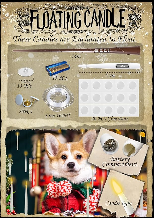 Floating Candles with Wand, 12PCs Magic Hanging Candles with 13 AAA Battery, Flickering Warm Light Flameless LED Candle with Wand Remote, Window Taper Candle Set for Christmas Gift Theme Party