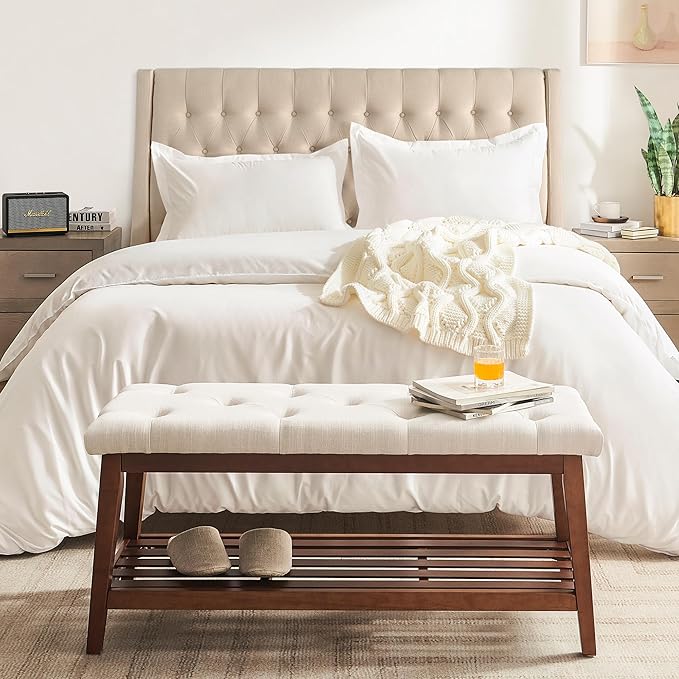 Upholstered Bench for Bedroom End of Bed,42.5-inch Entryway Bench for Living Room,Dining Bench with Padded Seat and Solid Wood Leg for Kitchen Bedroom,Indoor and Hallway (Shoe Bench, Beige)