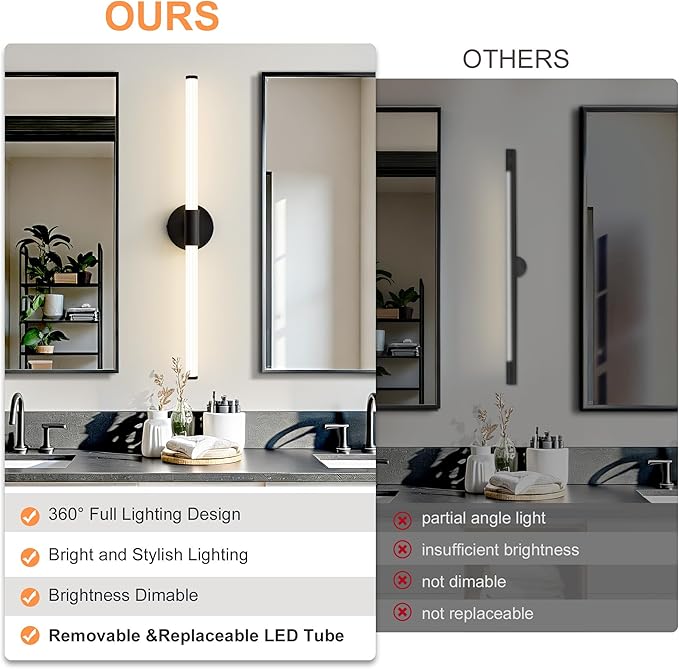 Dimmable LED Bathroom Vanity Lights 360° Full Lighting Bathroom Light Fixtures Over Mirror Vanity Light Bar Modern Wall Sconce 4000K Light for Bedroom Living Room Hardwired Black, 31 inch