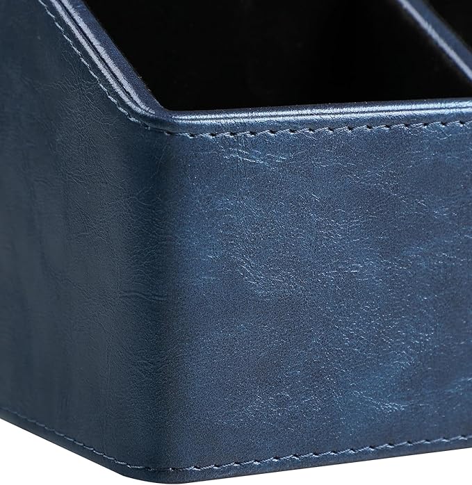 PU Leather Desk Organizer, Luxury Remote Control Holder for Home, Office Desk Accessories Table Caddy Bedside Nightstand Organizer (Dark Blue)