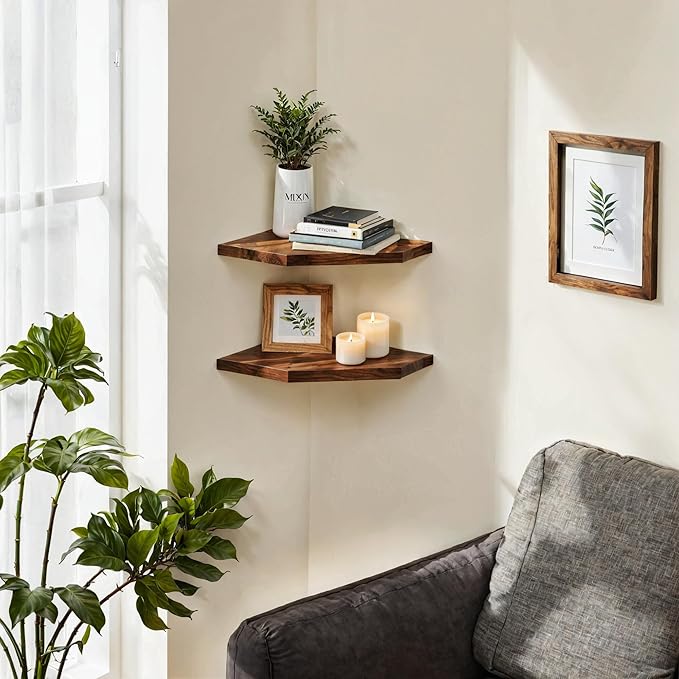 Demigo Corner Shelf Wall Mount, Set of 2 Solid Acacia Wood 11.8 x 16.5 inches Floating Corner Shelves, Smooth - Durable - Attractive Corner Shelves for Bedroom Living Room Bathroom Kitchen