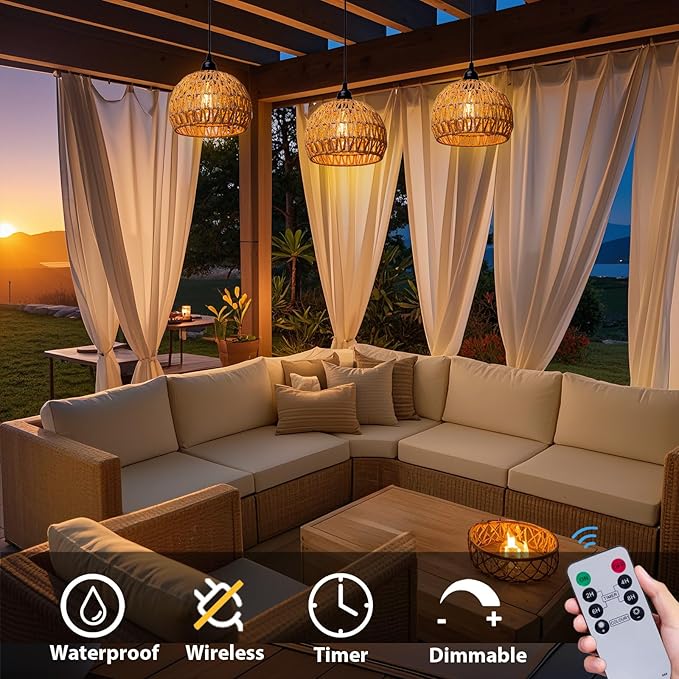 Battery Operated Hanging Outdoor Chandelier, Battery Power Pendant Light, Gazebo Lights Outdoor Waterproof, for Gazebo, Pergola, Porch, Patio, Indoor Outdoor Decor Lighting (3)