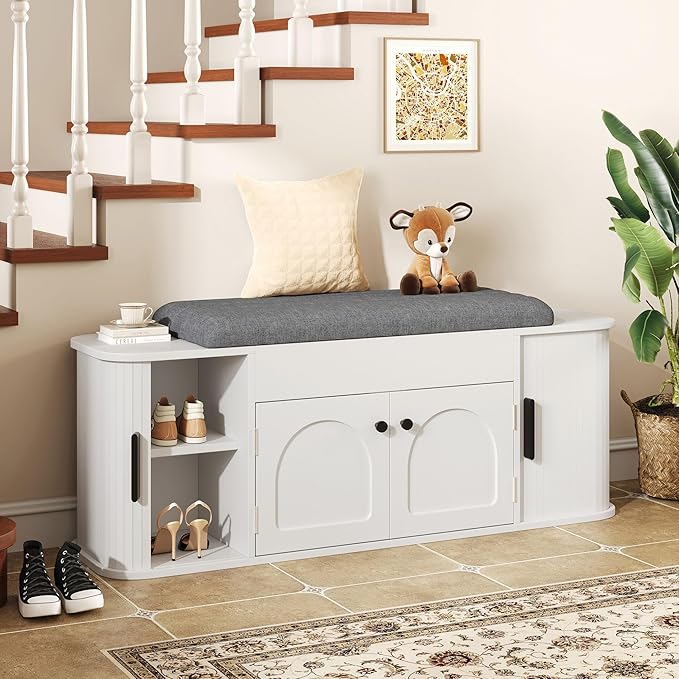 47.2'' Entryway Shoe Storage Bench with Seat Cushion & Sliding Door, Shoe Rack with Lift-Top Hidden Storage & Adjustable Shelf, Bench for Bedroom End of Bed, White