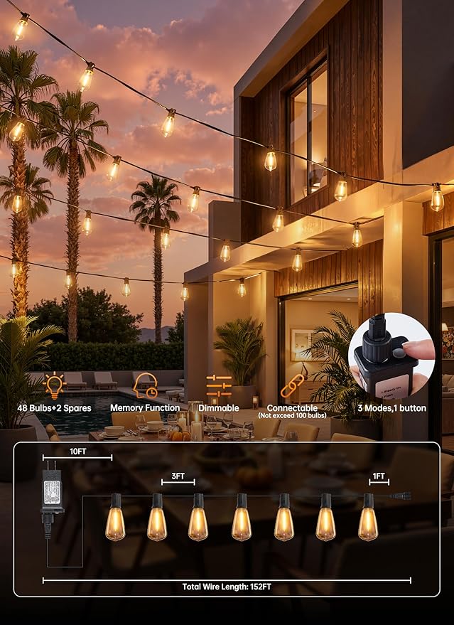 Minetom 152FT Outdoor String Lights with Remote, 48+2 Shatterproof ST38 LED Bulbs, Waterproof Patio Lights with 3 Modes, Dimmable & Connectable 2700K Hanging Lights for Backyard Porch Deck Balcony
