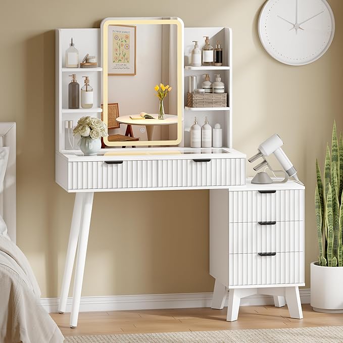 42'' Fluted Makeup Vanity Desk with LED Lights Mirror & Charging Station, Modern Glass Top Vanity Table with 5 Drawers & Open Shelves, Dressing Table for Bedroom, Living Room, White