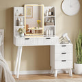 42'' Fluted Makeup Vanity Desk with LED Lights Mirror & Charging Station, Modern Glass Top Vanity Table with 5 Drawers & Open Shelves, Dressing Table for Bedroom, Living Room, White