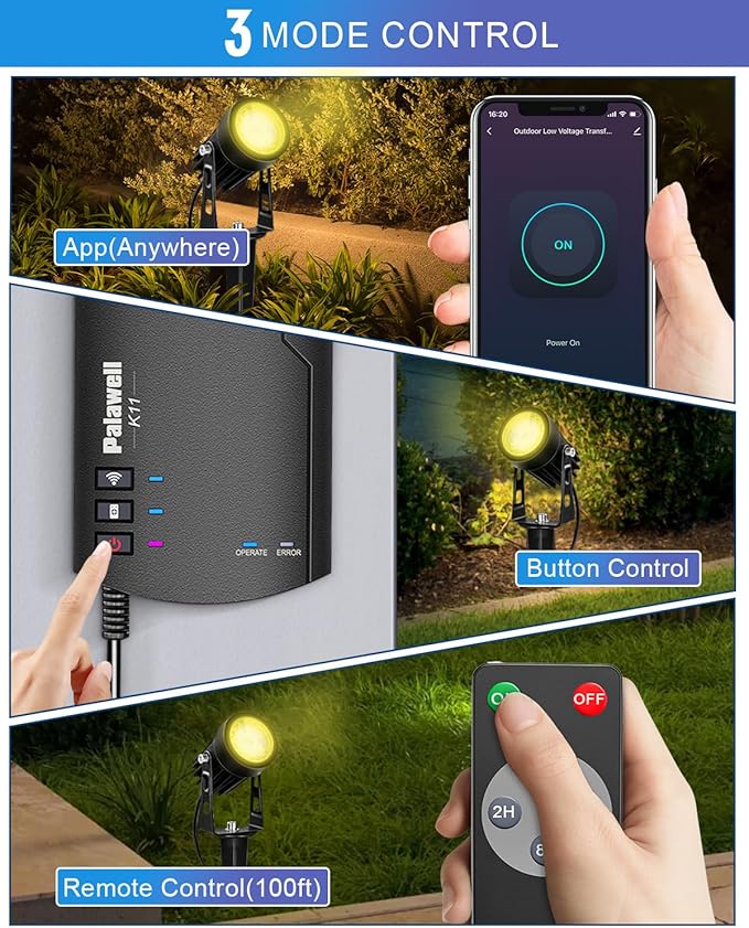 8-Pack Low Voltage Landscape Lighting Kit with WiFi 72W Transformer, 3W LED Spotlights with 65ft Cable, App and Voice Control, 3000K Warm White, 12-24V, IP65 Outdoor Pathway Uplights