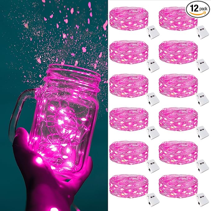 ZGWJ Fairy Lights Battery Operated, 12 Pack Twinkle String Lights 20 LED 7ft 3 Lighting Modes for Bedroom Decor, Valentines Day, Halloween, Christmas, Party Indoor and Outdoor Decoration Pink
