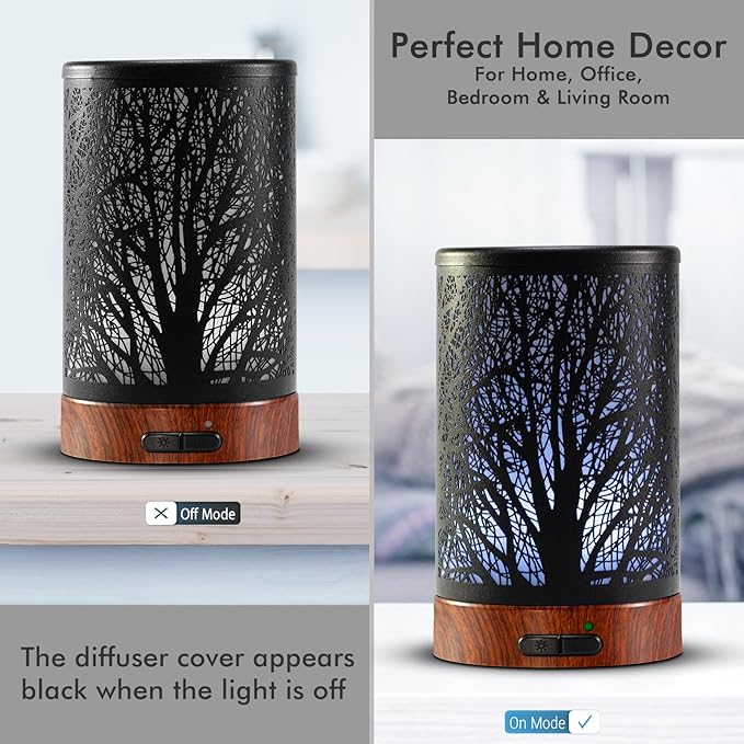 EQUSUPRO Essential Oil Diffuser 150ml Black Metal Aromatherapy Oil Diffuser Ultrasonic Cool Mist Diffuser with Auto Shut-Off Protection,7 Colors Changed LED for Home Office SPA Yoga (A-Tree)