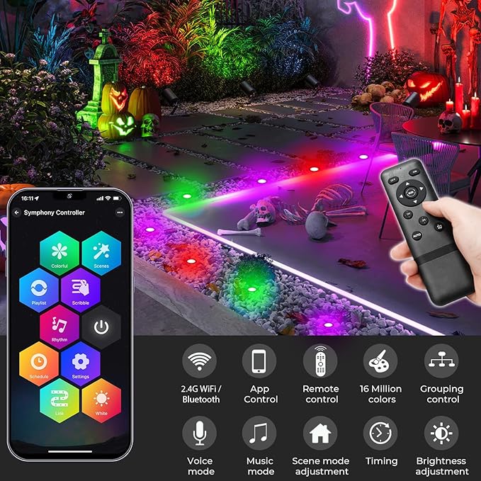 Sumaote LED Deck Lights Kit, 50 Pack 1.77" RGBW+IC Multicolor Dynamic Low Voltage Recessed Landscape Lights, IP67 Waterproof 12V Step Light Outdoor for Garden Yard Path Ground Stairs