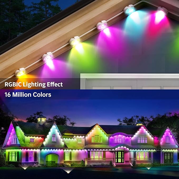Permanent Outdoor Lights 150ft RGB+IC Outdoor String Lights App Control IP67 Waterproof,100 Scene Modes Home for Christmas,Halloween,Holiday, Daily,Birthday Decor