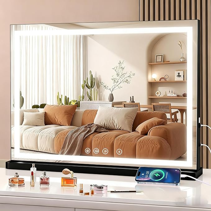 Vanity Mirror with Lights, 31.5" x 23.6" Large Makeup Mirror with LED Lights, Smart Touch Dimmable 3-Color Light, Memory Function, USB Charging Port
