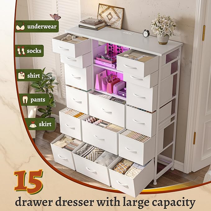 EnHomee 51" H White Dresser with 15 Drawers Dresser for Bedroom with Charging Station & LED Lights & Hutch Sturdy Bedroom Dressers, Steel Frame, Wood Top, 51.2" H x 39.3" W x 11.8" D
