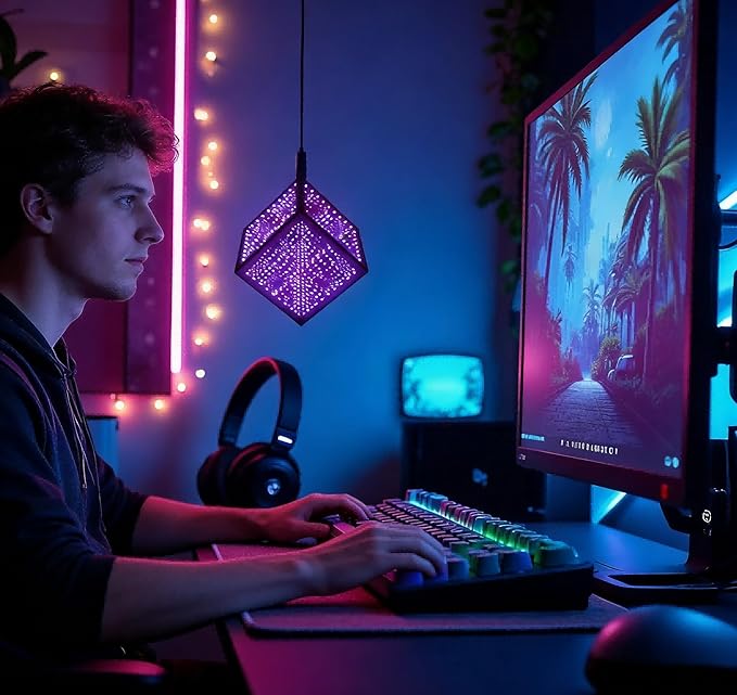 Infinity Hyper Cube LED Table Lamp - Infinity mirror desk Lamp with 100+ Patterns, Music Sync, App Control,Cool Color Changing Night Lights For Gaming,party,living room,bedroom, light display(7Inches)