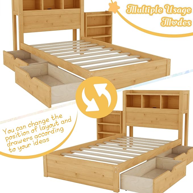 Kids Twin Bed Frame with Drawers & Storage Headboard, Solid Wood Platform Bed with Pull-Out Cabinet, Built-in LED Light & Charging Station, No Box Spring Needed, Natural