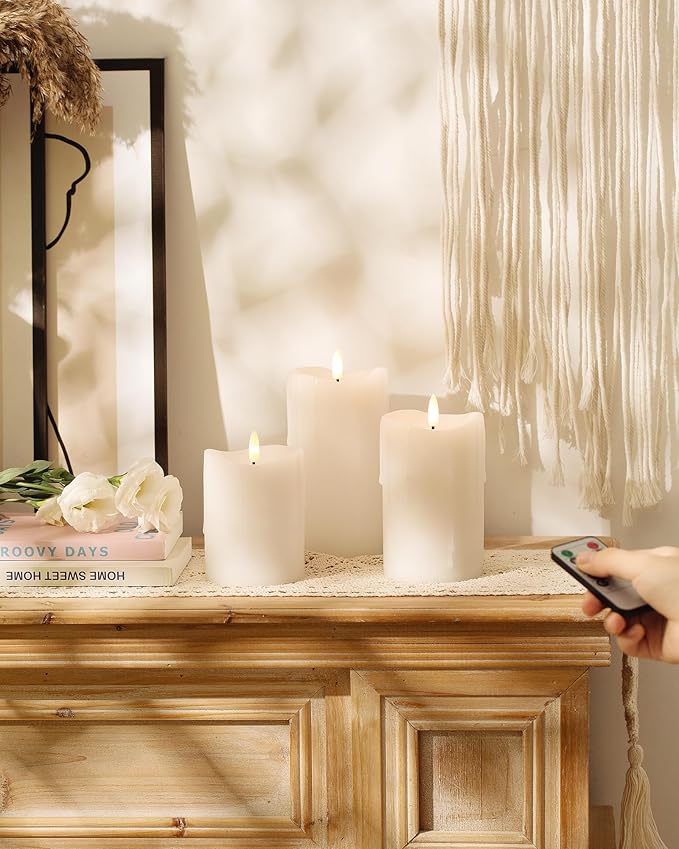 White Flameless Candles with Remote and Timer, Real Wax Made Wax Drip LED Pillar Candles Battery Operated with 3D Flickering Flame Melted Top - 3" x 4",5",6" - Set of 3