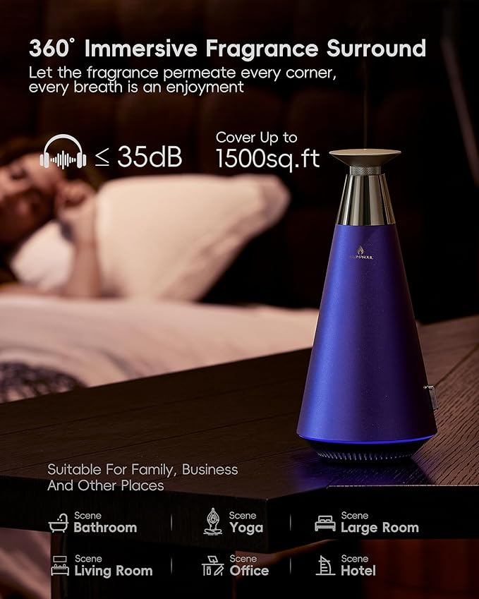 Wireless Rechargeable Waterless Oil Diffuser Starter Kit - 1500 Sq Ft Coverage, Alloy Atomization System,Mood Light,Hotel Scent Diffuser, Including 120ml Essential Oil, for Home,Large Room,Spa,Blurple