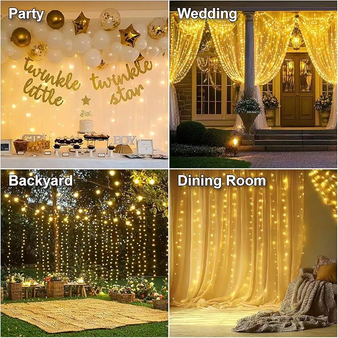 HXWEIYE 300LED Fairy Curtain Lights, 9.8x9.8Ft USB Plug-in 8 Modes Christmas String Hanging Lights with Remote for Bedroom Backdrop Wedding Indoor Wall Decor, Warm White, Standard – 1 Pack