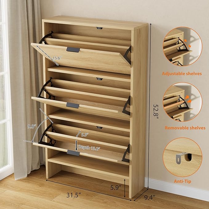 Garvee Shoe Storage Cabinet for Entryway, Fluted Shoe Cabinet with 3 Flip Drawers Doors, 32" Wide Hidden Shoe Rack Tall Freestanding Shoe Organizer for Entrance, Hallway, Living Room, Natural