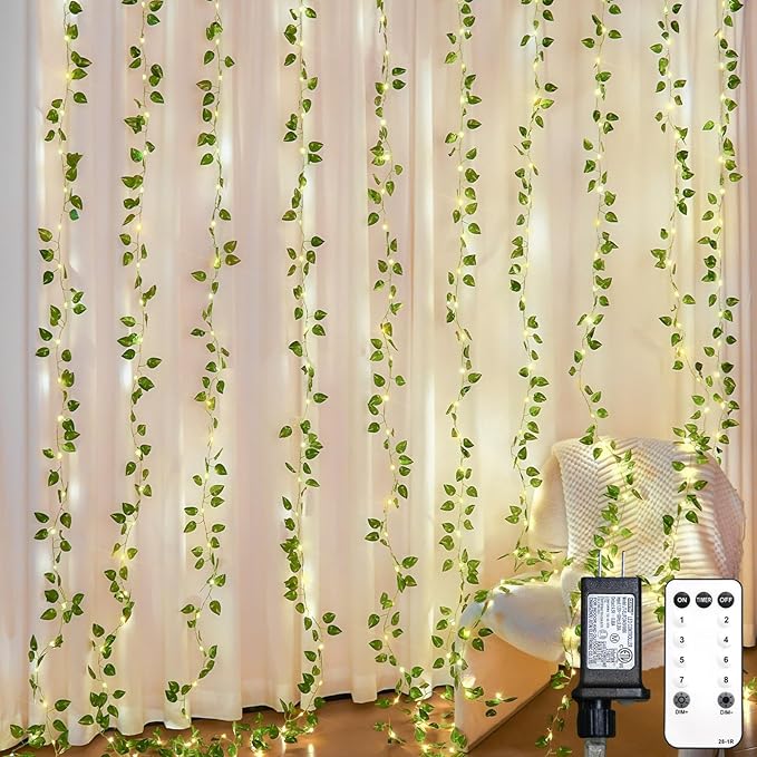 suddus 300 LED Vines with Lights Plug in, 9.8ft x 9.8ft Fairy Lights with Vines, Pothos Curtain Lights for Wall, Bedroom, Dorm, Wedding, Party, Indoor, Outdoor Decor(Warm White)
