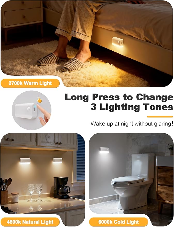 VOLISUN Motion Sensor Night Light, Rechargeable Stair Lights Indoor, Battery Operated Night Light for Hallway, Stairway, Bathroom, Bedroom, Kitchen, 3 Modes & 3 Color Temperatures(8 Pack White)
