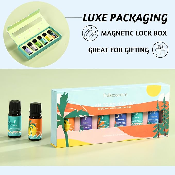 Folkulture Essential Oils Set for Diffuser | Set of 6 Everyday Aromatherapy Oils | Palo Santo, Lavender, Sandalwood, Citrus & Balanced Blend Oils | AM to PM Home Fragrance Oils & Wellness Gift Set