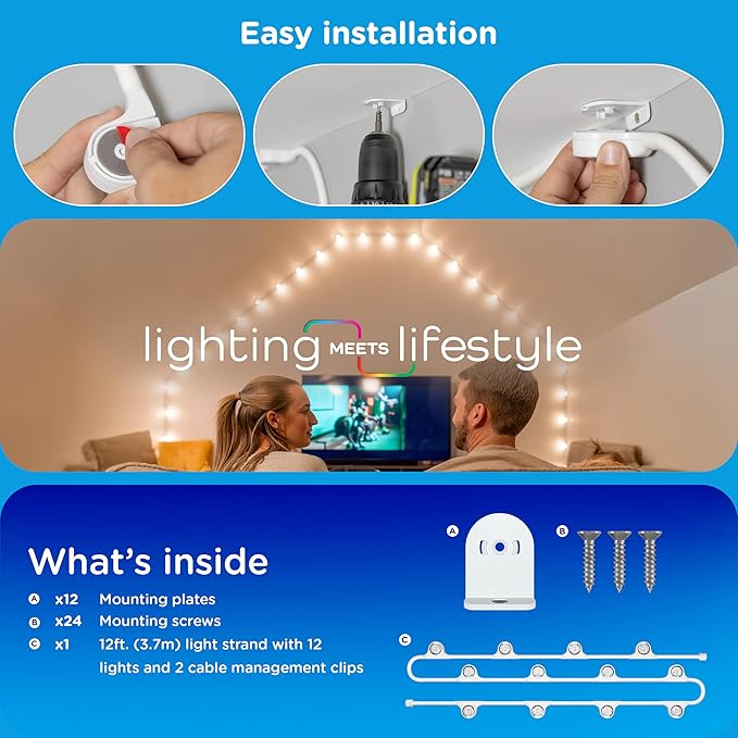 Enbrighten Vibe Spectrum Smart LED Wall Lights Indoor String Downlights Extension Only, Not for Standalone Use, 12ft with 12 Lights, RGB Light, Compatible with Alexa & Google Home, Music Sync, 85839