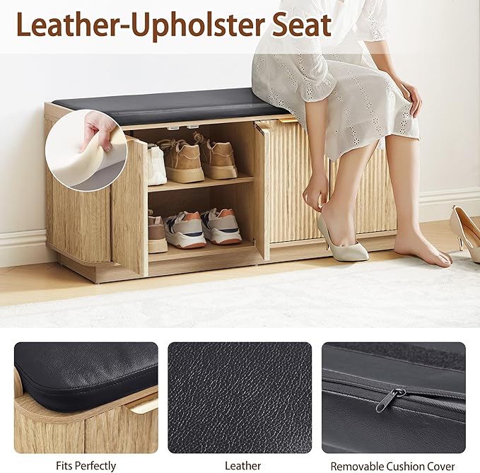 43.3''W Fluted Entryway Shoe Storage Bench with 4 Doors and Adjustable Shelf, 2-Tier Entry Bench Seat with Shoe Storage and Cushion, Shoe Cabinet Bench for End of Bed, Foyer - Natural