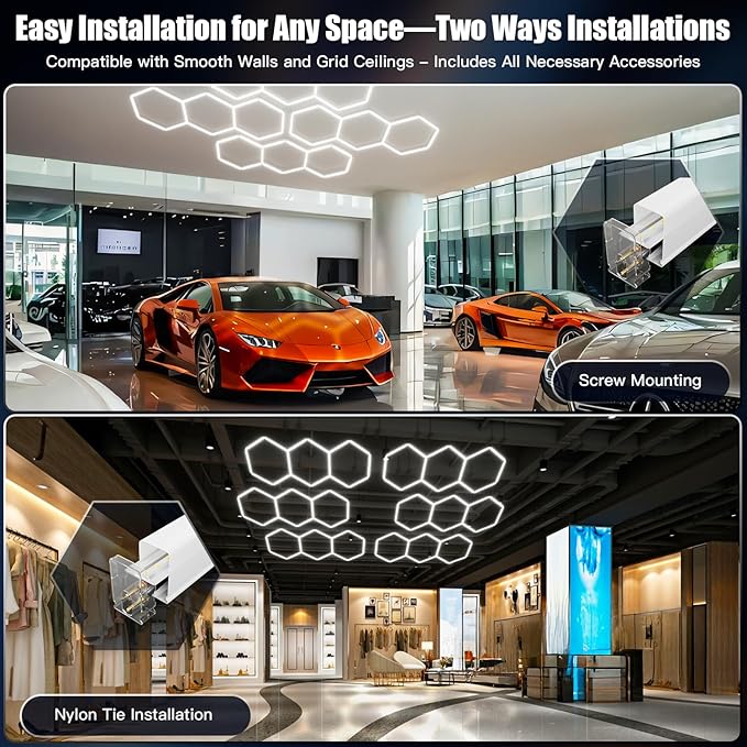 JTT Hexagon Garage Lights, 1Pack 8W LED Garage Hexagon Lights, 6500K Super Bright Car Detailing Ceiling LED Shop Light for Warehouse Workshop Gym Basement Car Care Wash Room