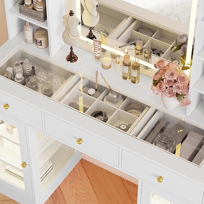 Makeup Vanity Desk with Mirror and Lights, 43" White Vanity with Glass Top, Jewelry Storage, 3 Drawers & Glass Cabinets, Power Outlet & Adjustable LED Lights, Dressing Table for Women & Girls Bedroom
