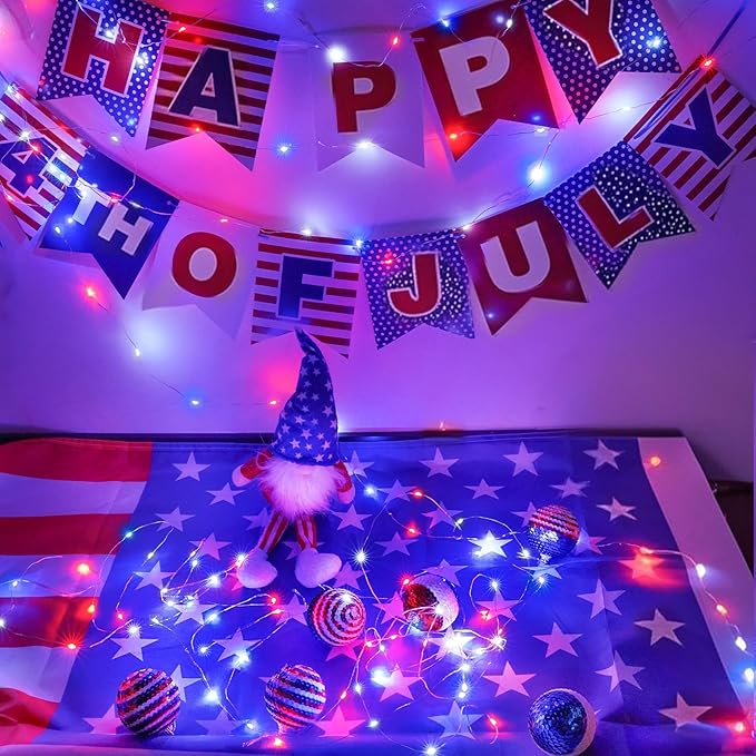 4Pack 80FT 240LED Red White and Blue Fairy Lights Battery Operated with Remote | 4th of July Decorations Twinkle Lights with Timer | American Flag Light for Independence Day Patriotism Decorations
