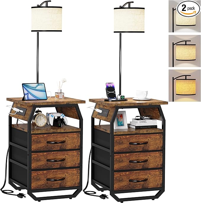 Floor Lamp with Table Set of 2, End Tables with Lamps Attached 3-Color Temperature Bulb, Side Table with Lamp with 3 Drawers & Charging, Lamps Tables Combo for Bedroom, Dorm - Rustic Brown
