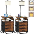 Floor Lamp with Table Set of 2, End Tables with Lamps Attached 3-Color Temperature Bulb, Side Table with Lamp with 3 Drawers & Charging, Lamps Tables Combo for Bedroom, Dorm - Rustic Brown