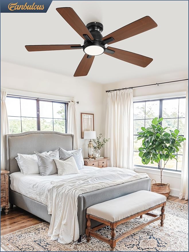 Fanbulous 46 inch Ceiling Fans with Lights, Flush Mount Ceiling Fan and Remote, Modern Low Profile, 3CCT 20W LED Light with 6-Speeds Quiet Reversible Motor, for Bedroom, Living Room, Apartment, Black