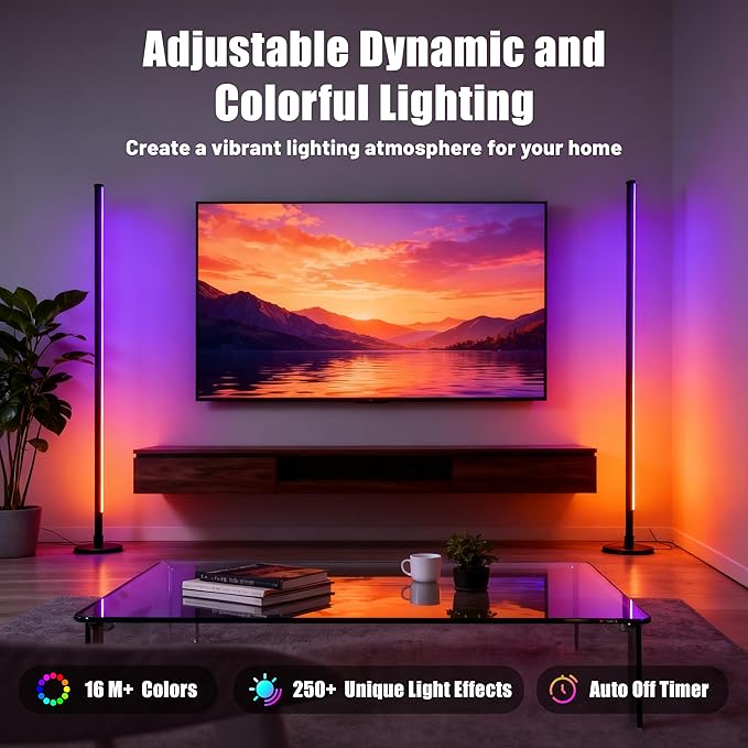 Led Corner Lamp – Bonus RGB TV Backlight – RGBIC Corner Floor Lamp with 16M+ Colors, 300+ Effects, Music Sync, 5V/2A Adapter, Perfect Ambient Lighting for Living Room, Bedroom & Gaming Setup