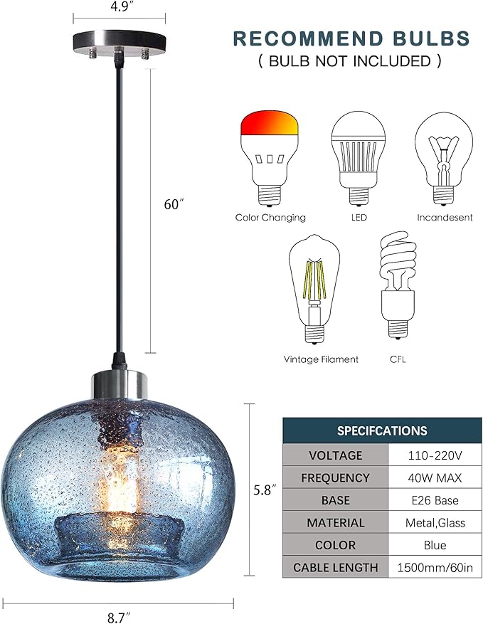 CASAMOTION Pendant Lighs Kitchen Island Hand Blown Glass Marble Blue Color Modern Rustic Style Ceiling Hanging Light Fixtures Dining Room Brushed Nickel 8.7 Inch Diam 2 Pack