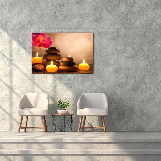 Zen Wall Art Decor, Modern Bathroom Zen Decor Wall Art, Zen Relaxing Canvas Wall Art for Spa Room Decor, Black Pebble and Lighted Candles Zen Art Prints for Office & Spa Wall Decor 18x24 Inches