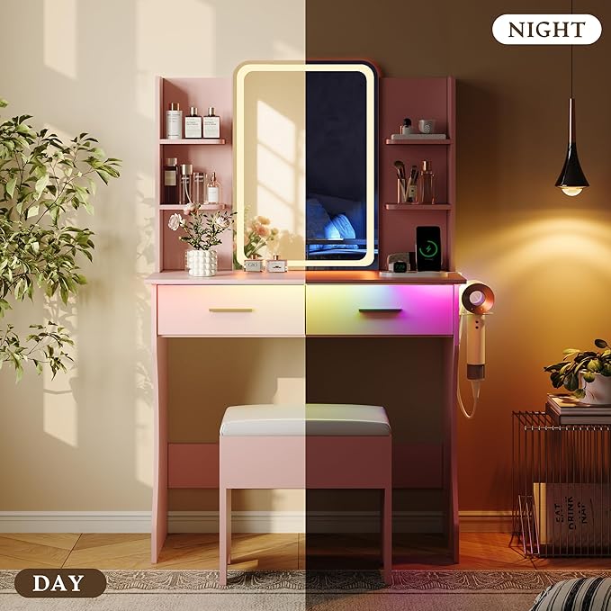 Makeup Vanity Desk with Mirror & Lights, Small Vanity Table Set for Girls with Chair & Power Outlet, Modern Dressing Table with 2 Drawers & 4 Storage Shelves, Adjustable RGB Lighting - Pink