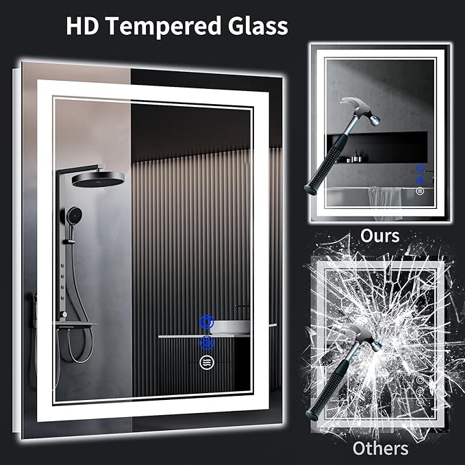 36"x28" LED Bathroom Mirror with Anti-Fog, Stepless Dimmable Lights, 3 Color Modes, Shatter-Proof Tempered Glass,Waterproof Design
