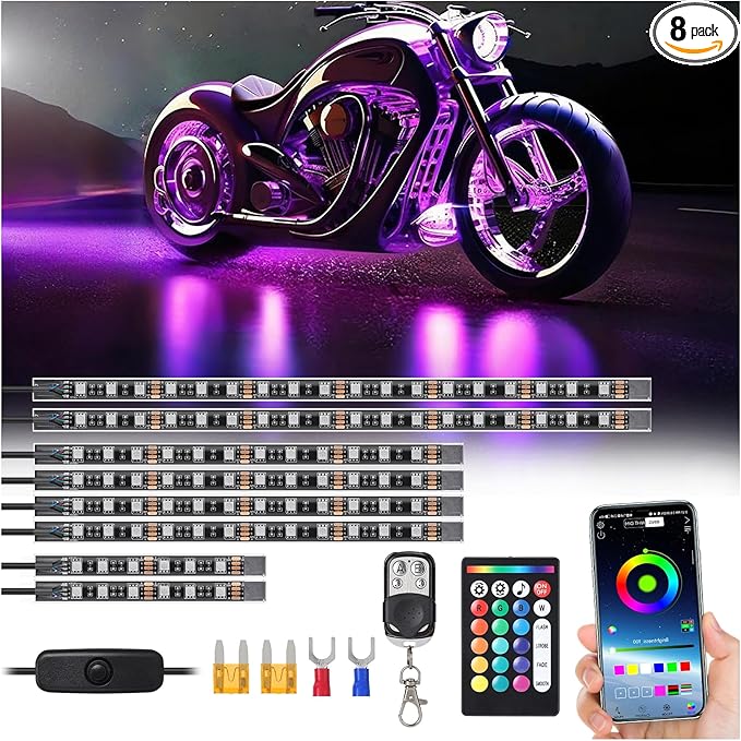 8 Piece RGB Motorcycle LED Underglow Kit with Brake Turn Signal, APP Control Music Sync, 24/4 Key Dual Remote, Waterproof Multicolor Motorcycle Strip Light for Harley Davidson Kawasaki ATV Golf Cart