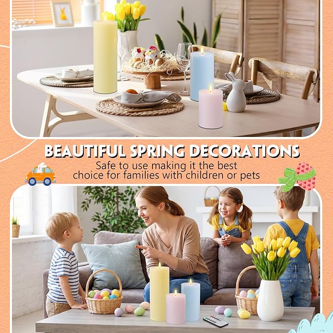 Retisee 3 Pcs Large Easter Flameless LED Candles with Remote Battery Operated Pillar Flickering Candle Light for Spring Indoor Outdoor Party Wedding Decor(6''/8''/12''x4'')
