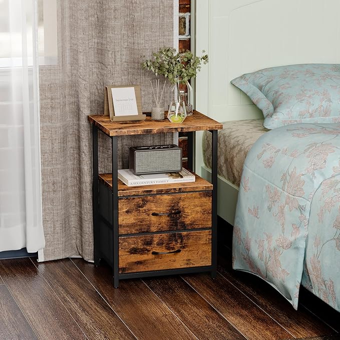 Fixwal Night Stand with Charger Station, Nightstand with Charging Station & Fabric Drawers，Rustic Brown