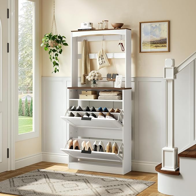 Tall Shoe Cabinet with Flip Drawers and Coat Rack, Floor Standing Modern Shoe Storage Organizer, 2-in-1 Hall Tree with Movable Hooks and Open Shelves, for Entryway, White and Walnut SC01WHY1