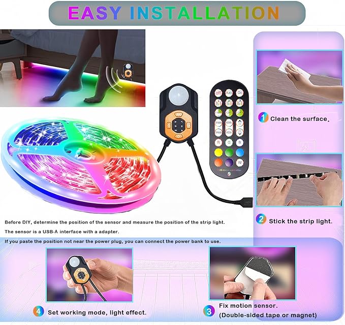 Meiyue LED Strip Light Motion Sensor Under Bed Lights 9.84FT RGB,Remote/APP Control,Dimmable,Music Sync,Auto-Off Timer,Motion Activated Led TV Night Light for Bed Stair Cabinet Party Computer Desk