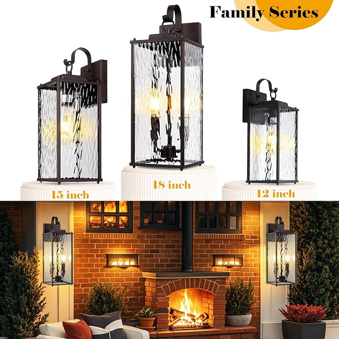 Oil Rubbed Bronze Outdoor Light Fixtures Water Ripple Glass 15” 2 Pack, Vintage Brown Exterior Lights for House IP65 Waterproof Outside Wall Sconce Lighting Coach Lights Patio Wall Lanterns
