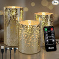 Rechargeable Flameless Candle, Flickering LED Pillar Glass Fake Candle with Remote and Timer, Built-in Battery Real Wax Electronic Candle for Room Decoration, Set of 3