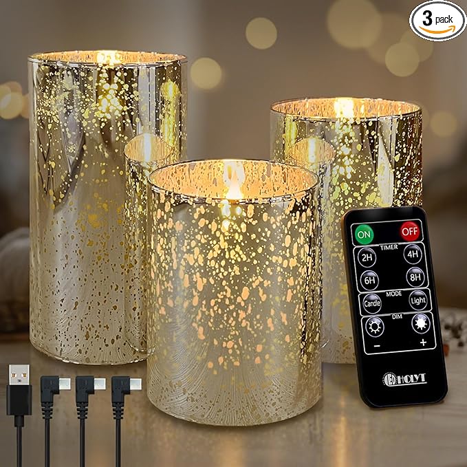 Rechargeable Flameless Candle, Flickering LED Pillar Glass Fake Candle with Remote and Timer, Built-in Battery Real Wax Electronic Candle for Room Decoration, Set of 3