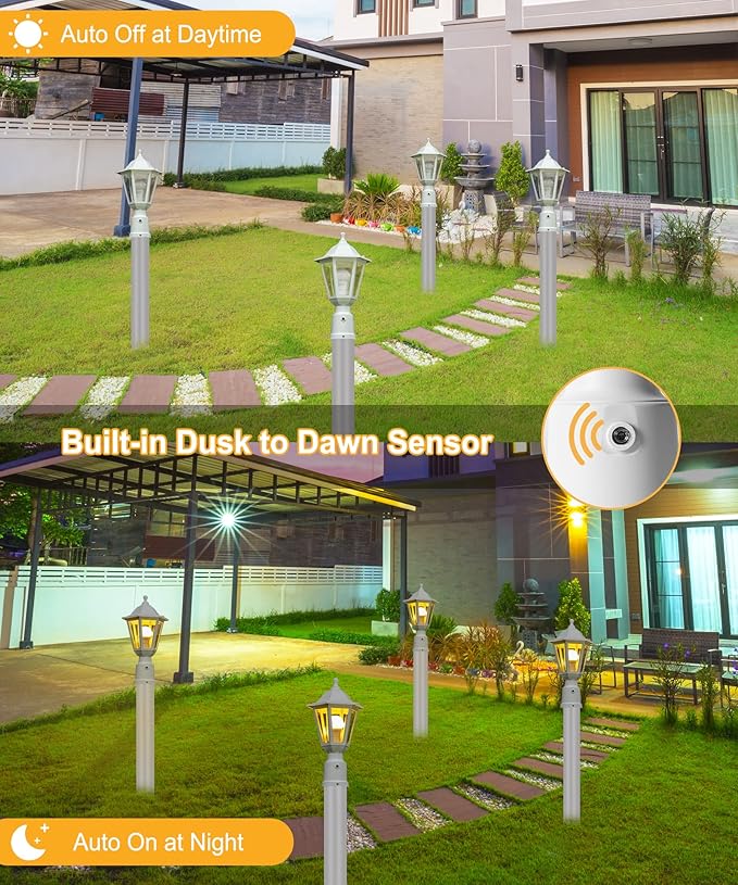 FUDESY Dusk to Dawn Outdoor Post Light, White Modern Exterior Post Lantern with Pier Mount Base, Plastic Waterproof Lamp Light Fixture for Garden Yard Patio Pathway, LED Bulb Included