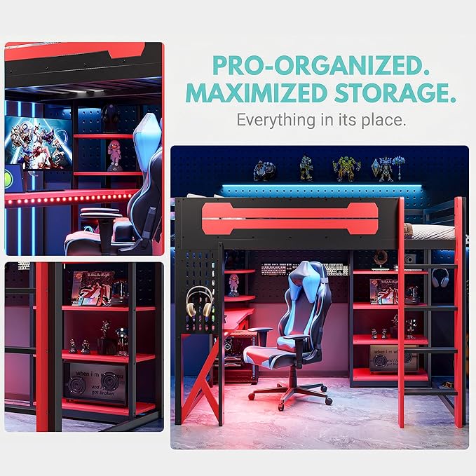 MERITLINE Ultimate Gaming & Study Loft Bed: Full Size Wood Frame with Integrated Desk, RGB Lights, Charging Station, Bookshelf & Pegboard (Black+Red)