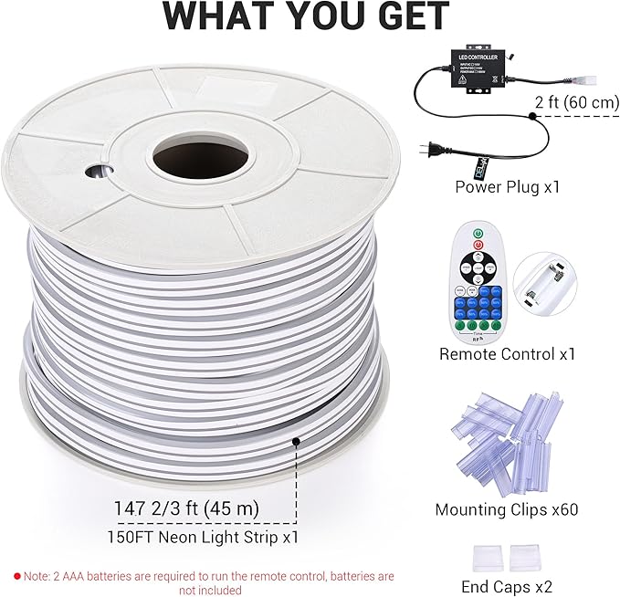 DELight AC 110-120V Waterproof IP65 Retro 2700K Warm White 150ft Ceiling Neon Rope Lights with Remote Control Dimmable Cuttable Flexible LED Strip Lights Outdoor Patio Lawn Roof DEL-D150W